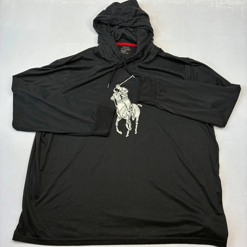 Polo Ralph Lauren Performance Hoodie Mens XXL Black Silver Big‎ Pony Graphic Tee